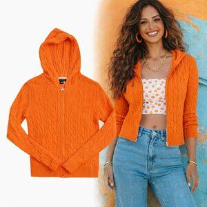 Tommy Hilfiger Orange Cable Knit Zip Hoodie Cotton Sweater Small Petite